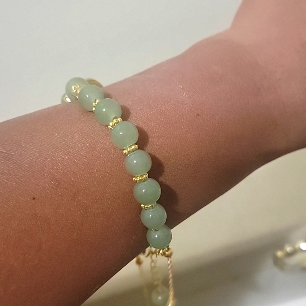 Chinese Style Faux jade women's Gold plated wrist strap double chain Bracelet .